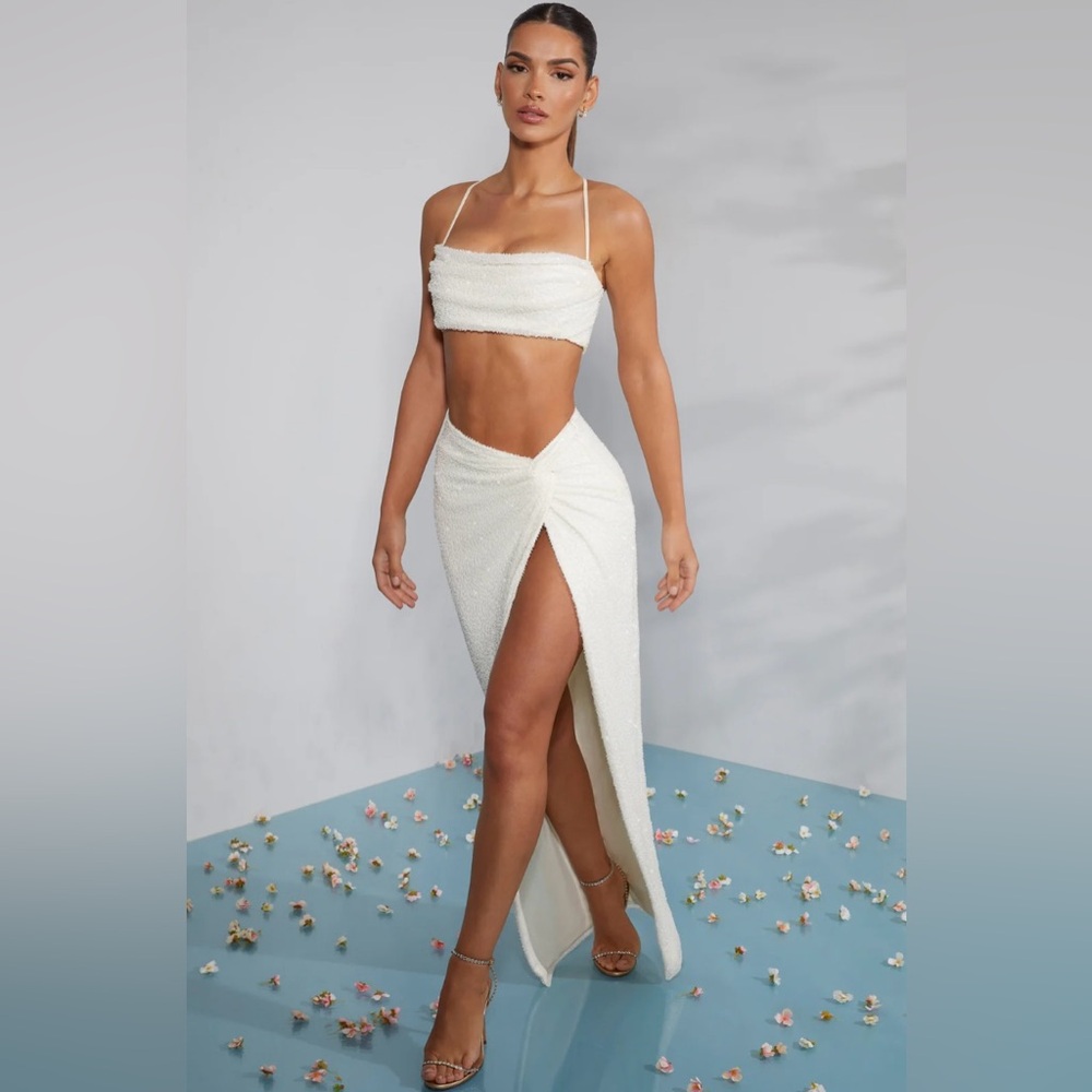 Oh Polly Como Ivory Embellished Knot Front Skirt Set